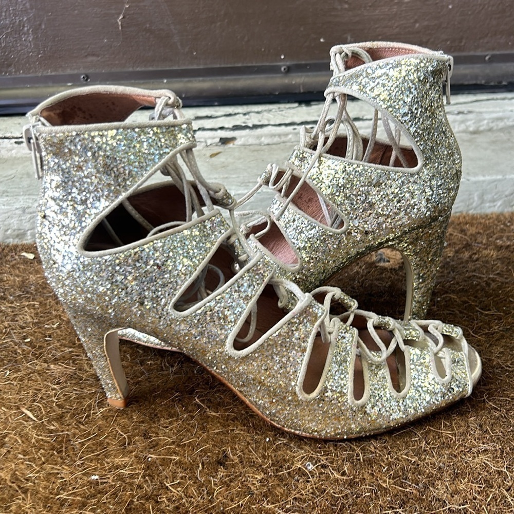 Jeffery Campbell for Free People Gold Sequin Lace Up Heels Gold Glitter Sz 9.5 - Picture 10 of 15